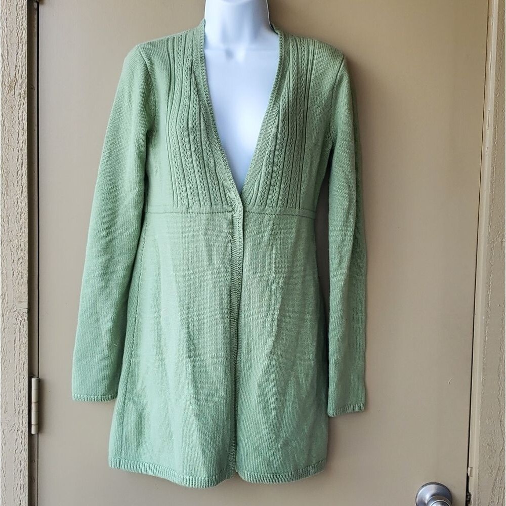 Saks Fifth Avenue Treads Womens Green Wool Knit long Longsleeve Open Cardigan